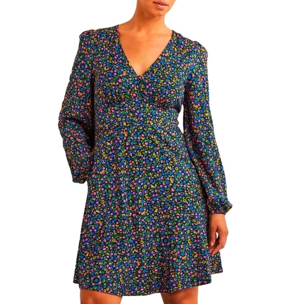 Boden Ditsy Floral Mini Dress Women 14 Navy Blue V-Neck Long Sleeve Cottage Boho